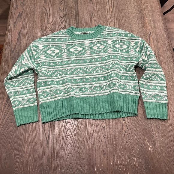 American Eagle Sweater Boxy Fit Snowflake Geometric Knitted Green White Size M - Picture 1 of 4